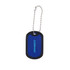 A blue dog tag with a rubber silencer and a metal ball chain for attachment. Features a logo.