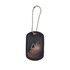A dog tag with a black rubber silencer and a silver chain, featuring a logo on the front.