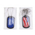 A dog tag set featuring a blue tag with a logo and a red and white striped flag design, presented in packaging.