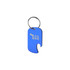 A drink bottle opener keyring in blue with a rounded design and attached metal ring. Features a logo.