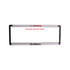 A plastic licence plate frame in black and silver, featuring a logo and space for plate size.