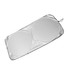 A foldable car shade in silver with a black trim, featuring two circular panels. It includes a storage pouch.