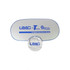 A silver car shade with a blue trim, featuring a logo and a circular storage bag.