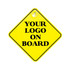 A yellow diamond-shaped warning sign with a suction cup, featuring a placeholder for a logo.