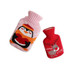 A pink penguin-themed hot water bottle and a red reindeer-themed hot water bottle, both with knitted covers.