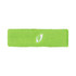 A bright green headband made of textured fabric, featuring a small logo. Suitable for sports or casual wear.