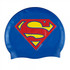 A blue swimming cap featuring a large red and yellow logo with an emblem. It has a smooth surface and rounded shape.