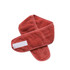 A promotional headband in a coral colour, featuring a soft, textured fabric and a logo.