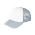 A trucker cap featuring a white front panel and grey mesh back. It has a curved brim and adjustable strap.
