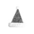 A plush Santa hat in grey with a white fluffy trim and pom pom on top. It has a logo on the inner side.