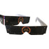 Custom solar eclipse glasses in black with a starry design and a protective viewing filter. Features a logo on the side.