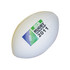 A white rugby ball stress reliever with a logo and colours related to the Rugby World Cup 2011.