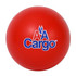 A red, round stress ball in the shape of a baseball, featuring a logo on the surface.