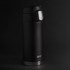 A drink bottle with a sleek black finish and a silver base, featuring a logo.