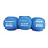 A blue cube-shaped stress reliever with rounded edges and a logo on it.