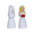 A white wedding dress stress reliever shaped like a bride holding a bouquet, featuring a logo on one side.