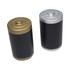 A battery-shaped stress reliever in gold and silver with a black body, featuring a branding logo.