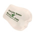 A white stress reliever shaped like a unique object with green branding.
