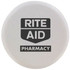 A round white stress reliever designed in the shape of a tablet with a logo.