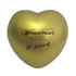 A gold heart-shaped stress reliever featuring a logo and text design.