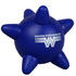 A blue stress ball shaped like a spiky star with a logo on the surface.