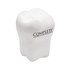 A white tooth-shaped stress reliever with a branding logo, designed as a fun stress keyring.