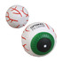 A green and white eyeball-shaped stress ball featuring red vein details, with a logo on one side.