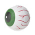 A stress ball shaped like an eyeball, featuring a white surface with red veins and a green iris. Includes a logo.