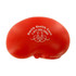 A red kidney-shaped stress reliever with a logo and text on the surface, featuring a smooth finish.