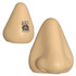 A large, beige stress reliever shaped like a nose, featuring a logo on one side.