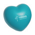 A turquoise heart-shaped stress reliever with a logo on one side.