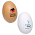 An egg-shaped stress reliever in brown and white, featuring logos on each side.
