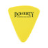 A yellow triangular stress reliever designed to resemble a cheese shape, featuring a logo.