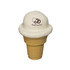 A stress reliever shaped like an ice cream cone, featuring a white scoop and a tan cone. Includes a logo.
