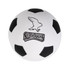 A white football-shaped stress reliever with black patches and a logo featuring an eagle.