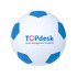 A football-shaped stress reliever in white and blue, featuring a logo on its surface.