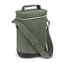 A drink bottle cooler bag in green fabric with a black base and adjustable shoulder strap, featuring a zippered closure and handle.
