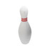 A white bowling pin-shaped stress reliever with red stripes, designed for fun and relaxation.