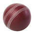 A maroon cricket ball-shaped stress reliever with white stitching details, featuring a logo.
