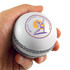 A hand holds a white cricket ball-shaped stress reliever with a logo featuring a cricket player.