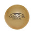 A gold 50mm ball shape stress reliever with a logo printed on its surface.