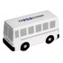 A white bus-shaped stress reliever with black wheels and a logo on the side.