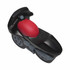 A black and red motorbike-shaped stress reliever with grey details and a logo.