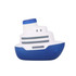 A stress reliever shaped like a blue and white ship, featuring details on the hull and superstructure.