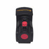 A black locomotive-shaped stress reliever with a red button and circular detail, featuring a logo on top.