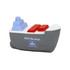 A grey and blue container ship stress reliever with red containers and a logo on the side.