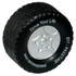 A black tire-shaped stress reliever with a silver wheel design and a logo on the side.