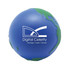 A blue and green Earth-shaped stress reliever with a logo on it, designed for stress relief and fun.