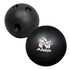 A black bowling ball-shaped stress reliever featuring a logo. Smooth surface with three finger holes.