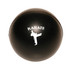 A black stress ball shaped like a karate ball, featuring a silhouette of a martial artist and a logo.